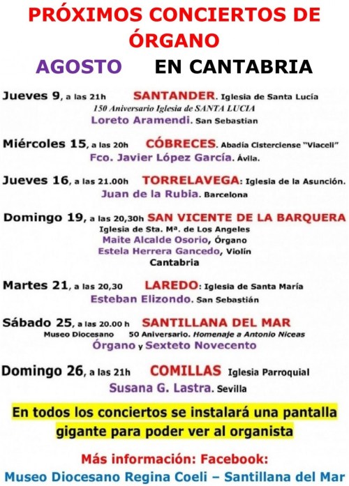 Conciertos de órgano, Cantabria, agosto 2018